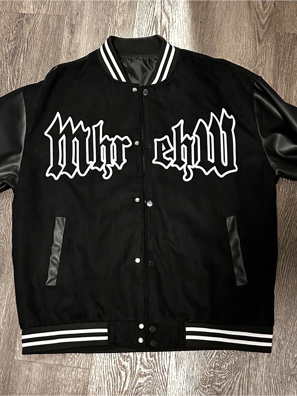 Black Varsity Bomber Jacket with Gothic Contrast Logo